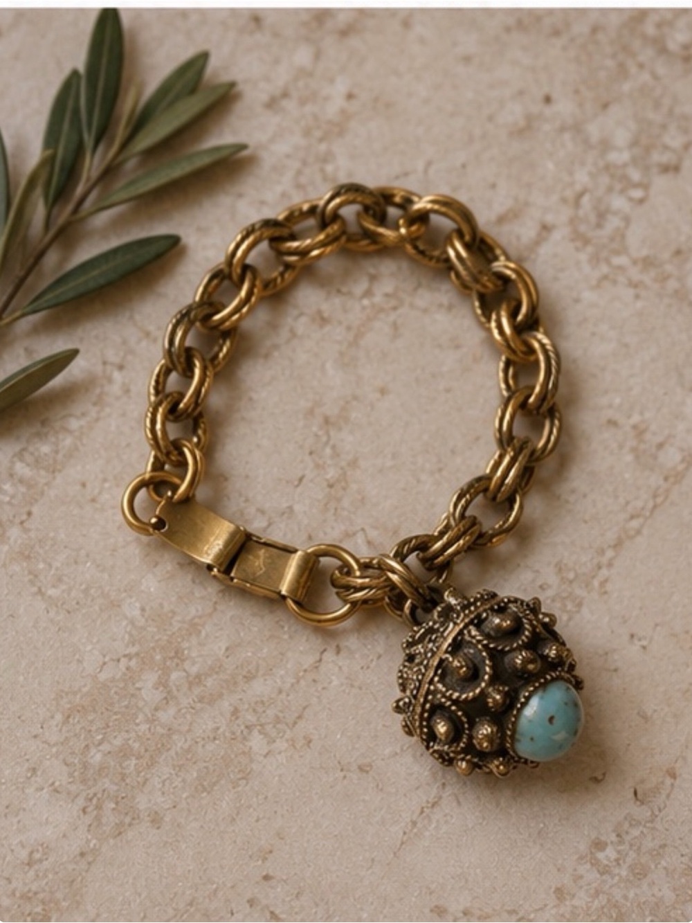 Vintage Boho Charm Bracelet Gold‎ Tone Chain Bracelet Turquoise Blue Cabochon